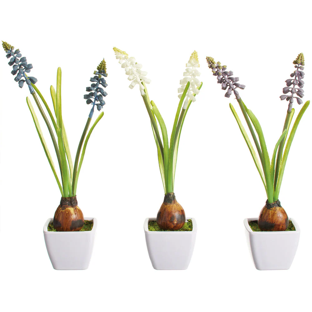 10.5" Set Of Muscari With Bulb Silk Flower Arrangements w/Plastic Pot -Mixed Colors (Pack of 4)