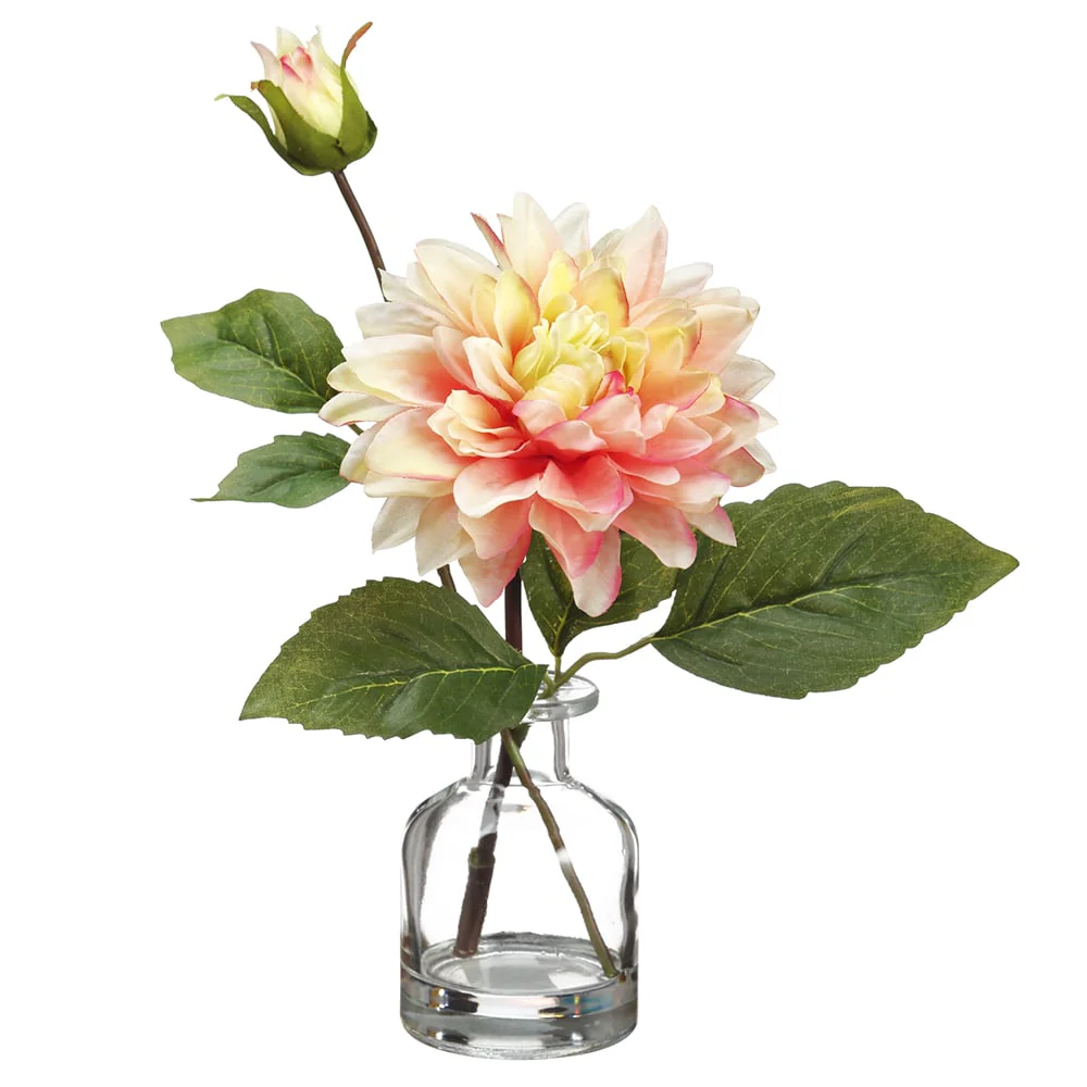 10.5" Silk Dahlia Flower Arrangement w/Glass Vase -Pink/Green (Pack of 12)
