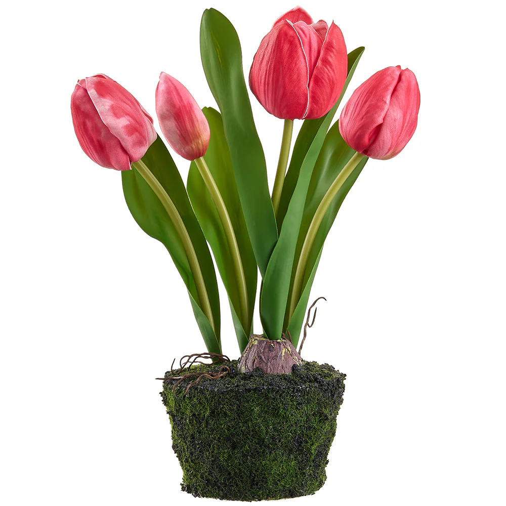 10.5" Tulip Silk Flower Arrangement w/Moss & Soil Ball -Crimson (Pack of 6)