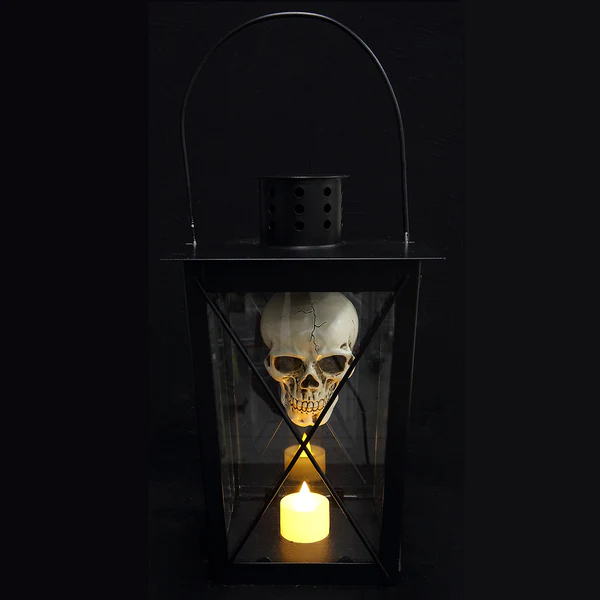 10" Battery Operated Halloween Skull Lantern With Light -Black/Beige (Pack of 4) - Image 2