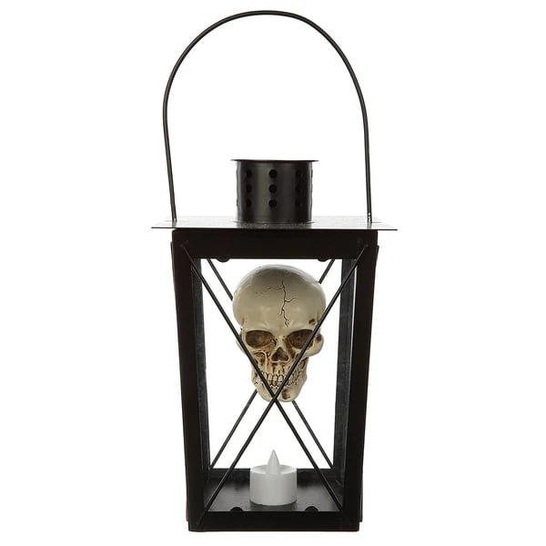 10" Battery Operated Halloween Skull Lantern With Light -Black/Beige (Pack of 4) - Image 3