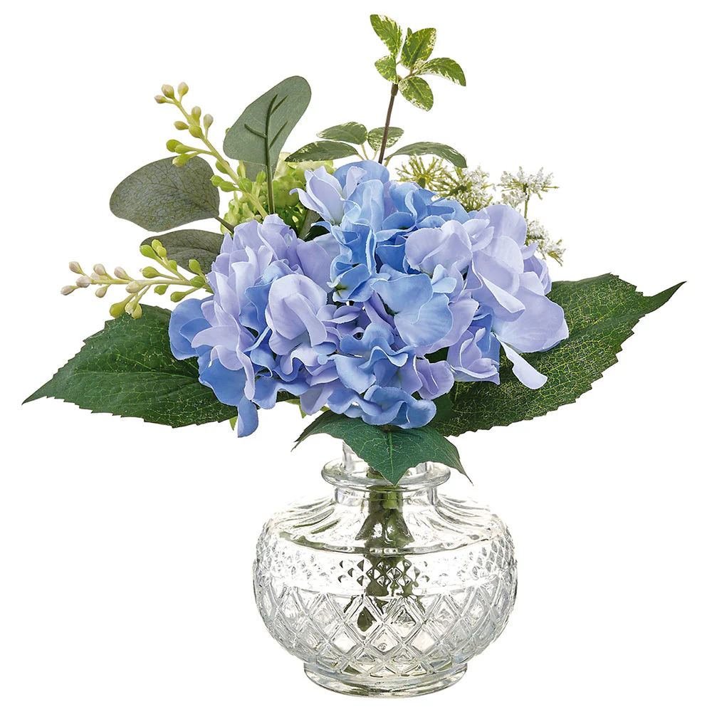 10" Hydrangea, Snowball & Dill Silk Flower Arrangement w/Glass Vase -Blue/Green (Pack of 4)