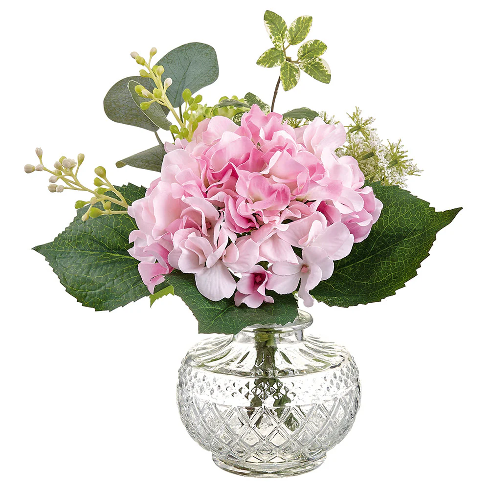 10" Hydrangea, Snowball & Dill Silk Flower Arrangement w/Glass Vase -Pink/Green (Pack of 4)