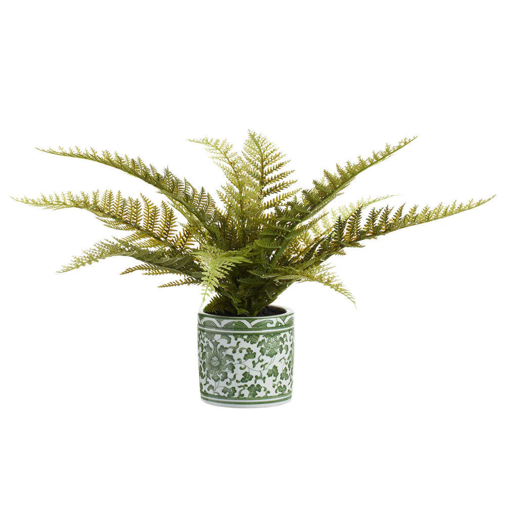 10" Leather Fern Leaf Silk Plant w/Ceramic Vase -Green (Pack of 4)