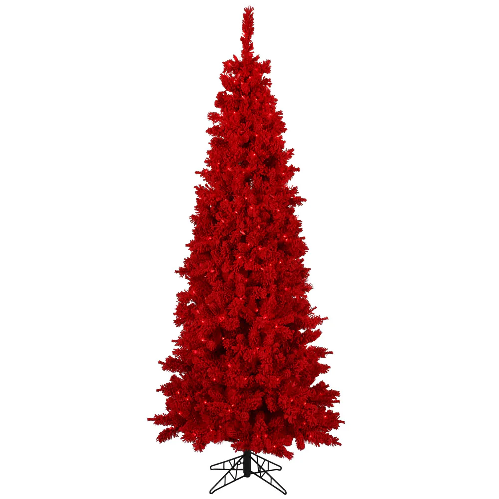 10'Hx49"W Flocked Pencil Fir Artificial Christmas Tree, LED Pre-Lit (Red) -Red