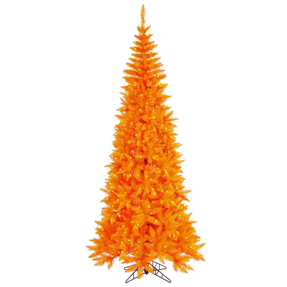 10'Hx50"W Slim Fir Artificial Christmas Tree, LED Pre-Lit (Orange) -Orange