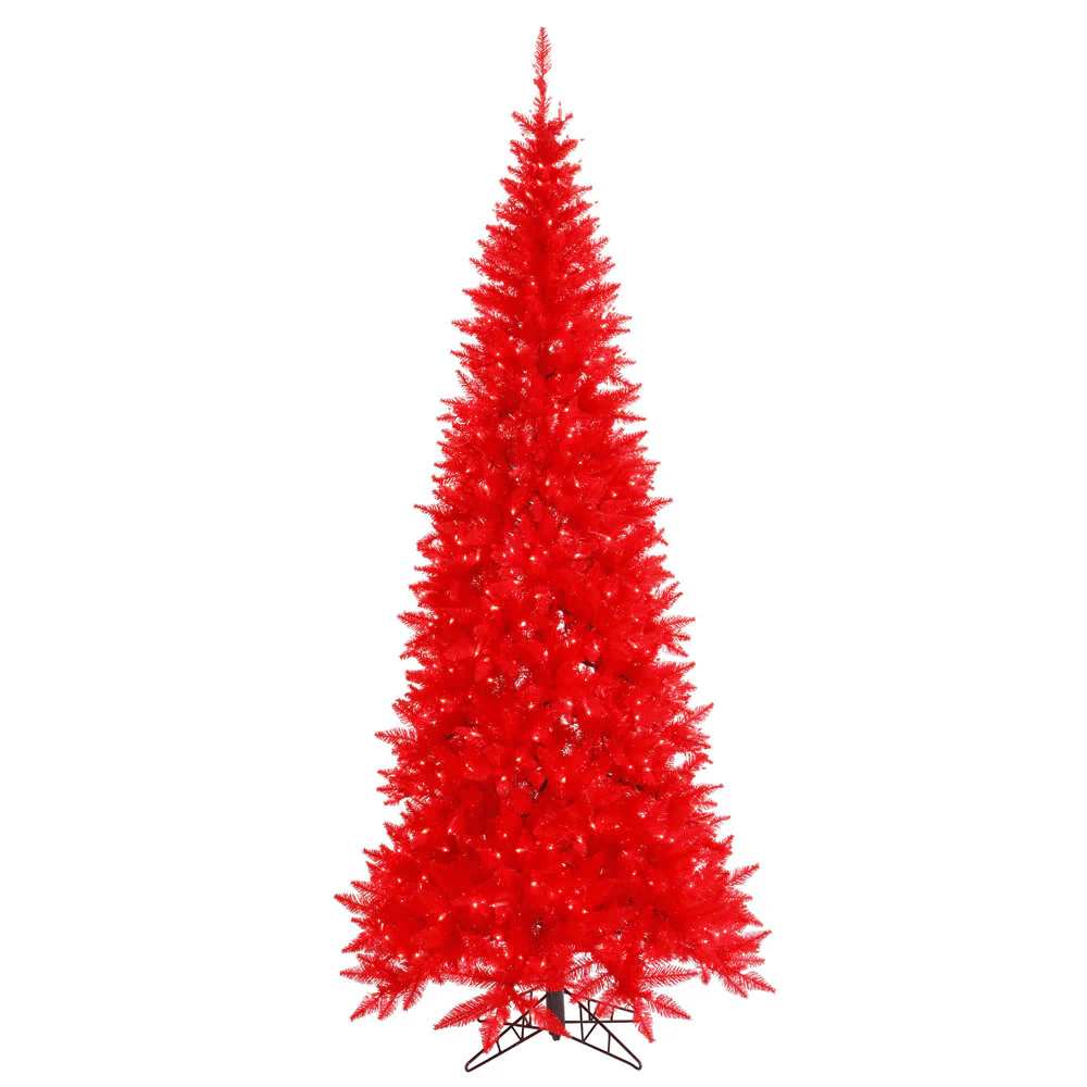 10'Hx50"W Slim Fir Artificial Christmas Tree, LED Pre-Lit (Red) -Red