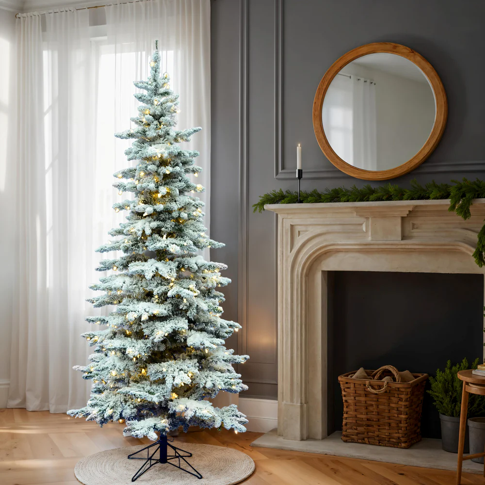 10'Hx55"W Flocked Slim Utica Fir Artificial Christmas Tree, Unlit -White/Green - Image 6