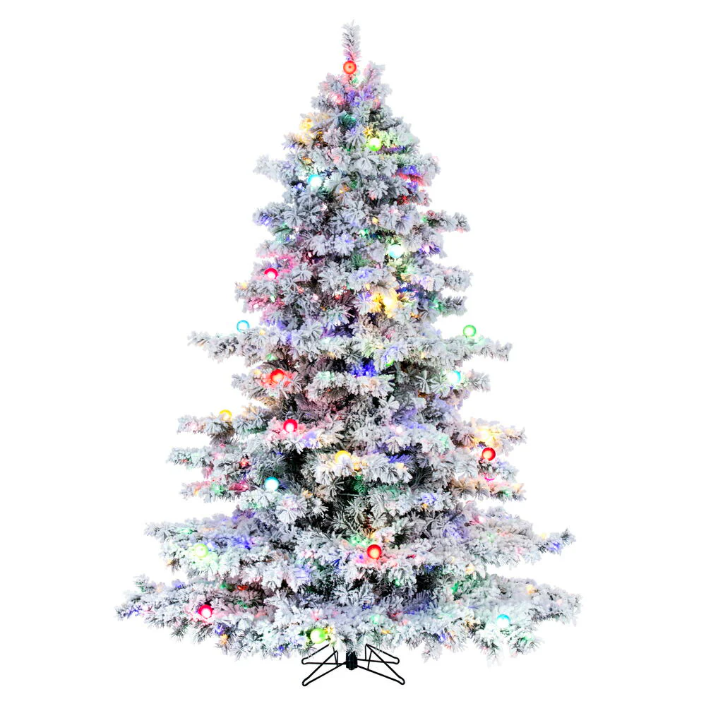 10'Hx82"W Flocked Alaskan Pine Artificial Christmas Tree, G50 & LED Pre-Lit (Multicolor) -White