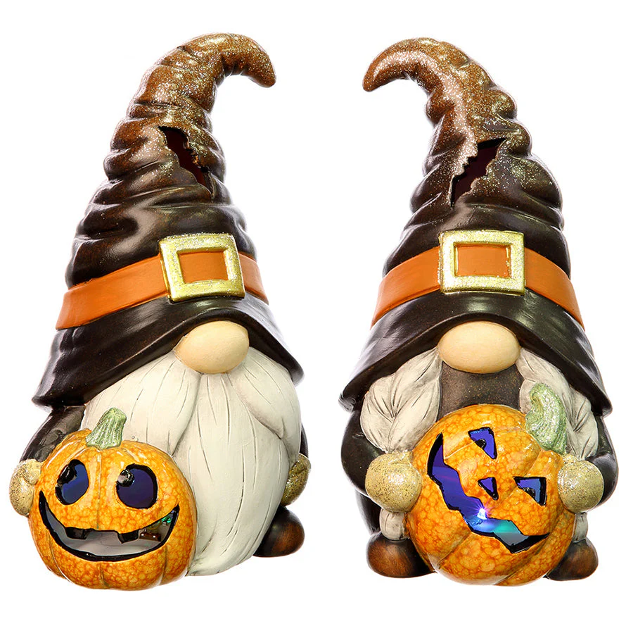 11.5" Set Of Battery Operated Halloween Gnomes Holding Jack-O-Lantern -Black/Orange (Pack of 2) - Image 4