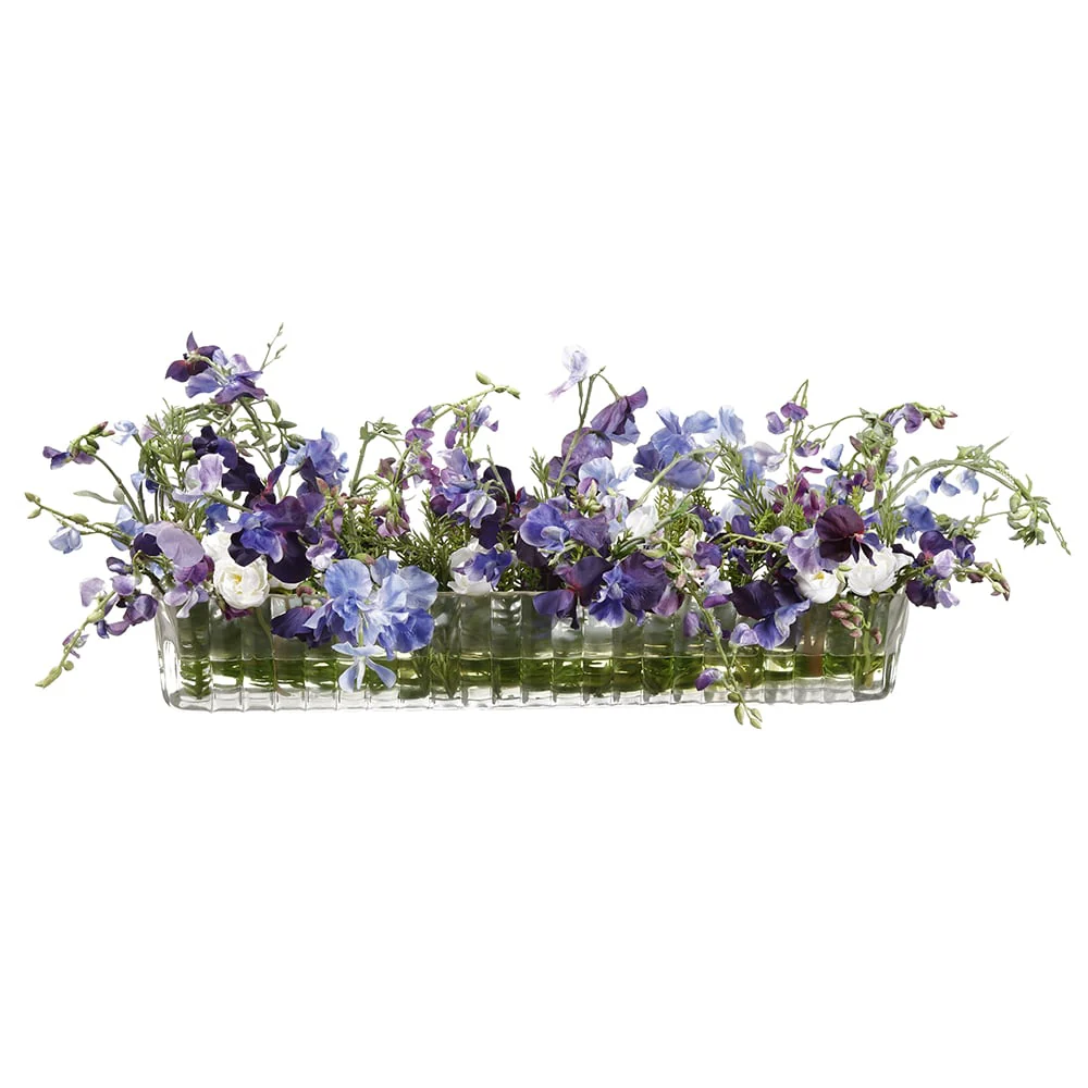 11.5"Hx36"W Sweet Pea & Ranunculus Silk Flower Arrangement w/Glass Vase -Purple/Violet