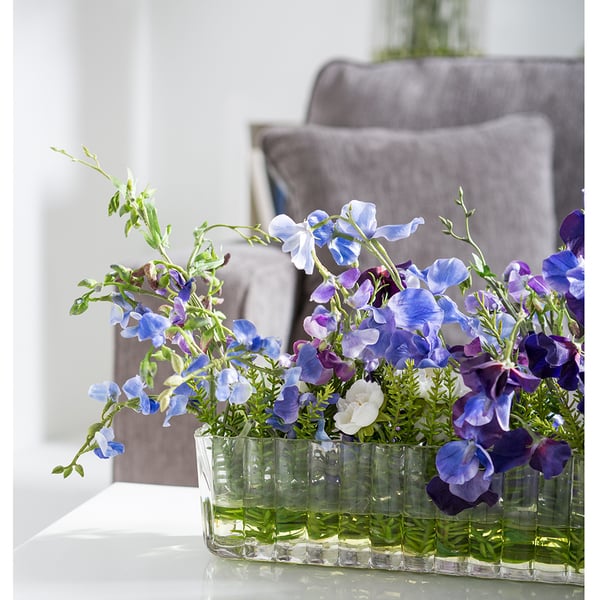 11.5"Hx36"W Sweet Pea & Ranunculus Silk Flower Arrangement w/Glass Vase -Purple/Violet - Image 3