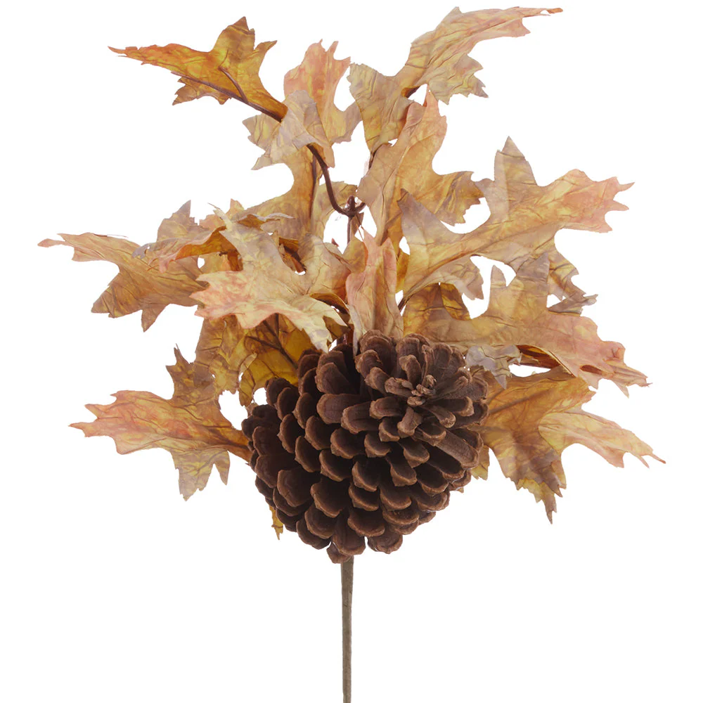 11" Artificial Oak Leaf & Pinecone Stem Pick -Brown/Fall (Pack of 12)