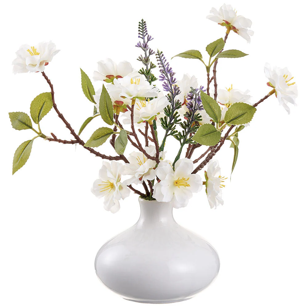 11" Cherry Blossom & Lavender Silk Flower Arrangement w/Ceramic Vase -Cream/Lavender (Pack of 2)