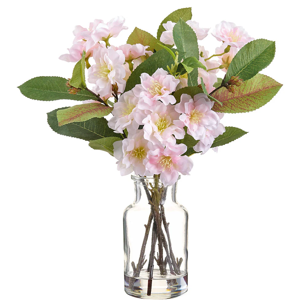 11" Cherry Blossom Silk Flower Arrangement w/Glass Vase -Pink/Green (Pack of 9)