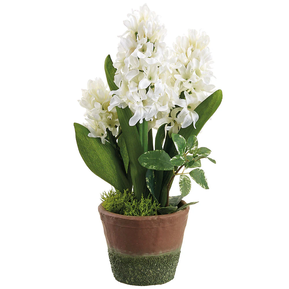 11" Hyacinth Silk Flower Arrangement w/Cement Pot -White (Pack of 6)