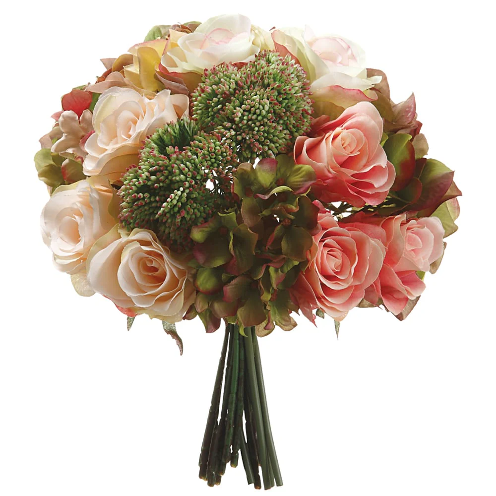 11" Hydrangea, Rose & Sedum Silk Flower Bouquet -Pink/Green (Pack of 6)