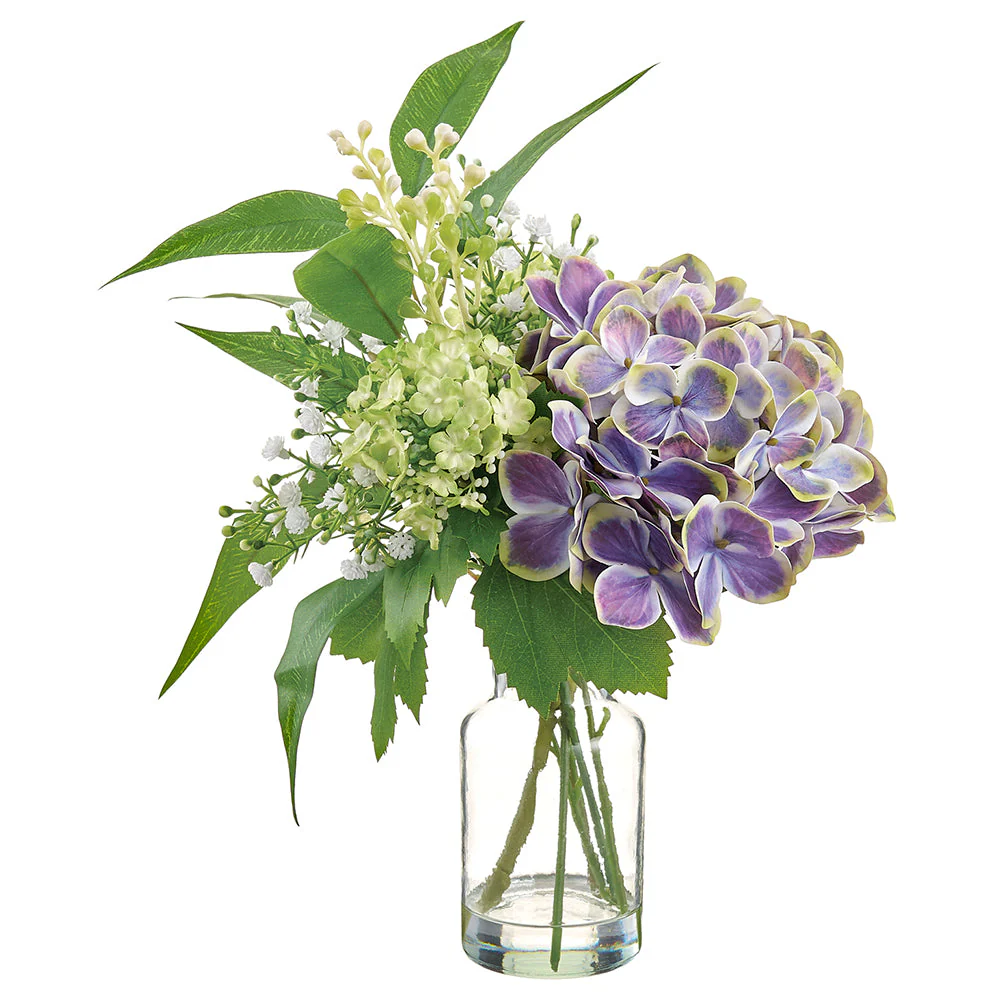 11" Hydrangea & Snowball Silk Flower Arrangement w/Glass Vase -Purple/Green (Pack of 4)