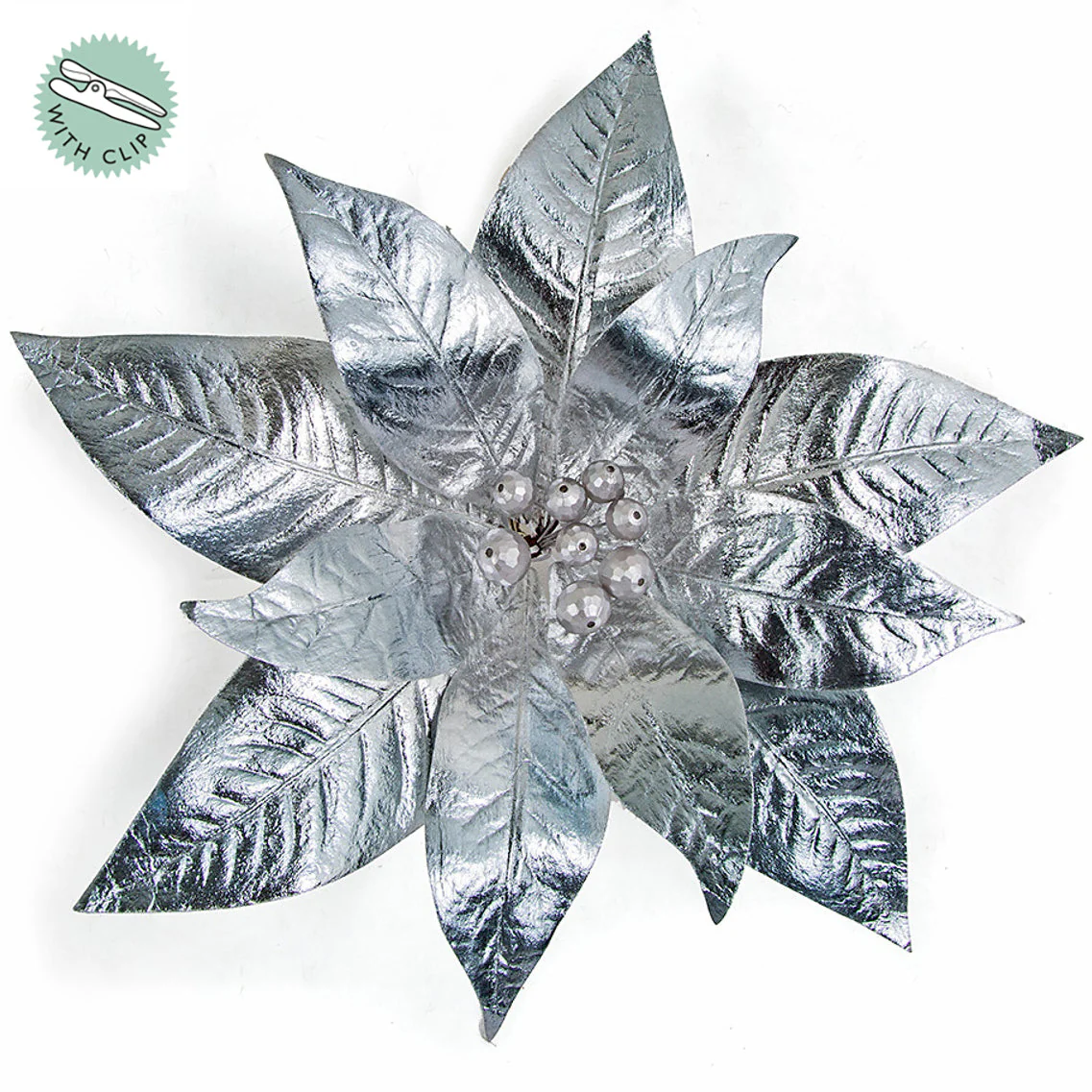 11" Metallic Silk Poinsettia Clip-On Flower -Silver (Pack of 12)