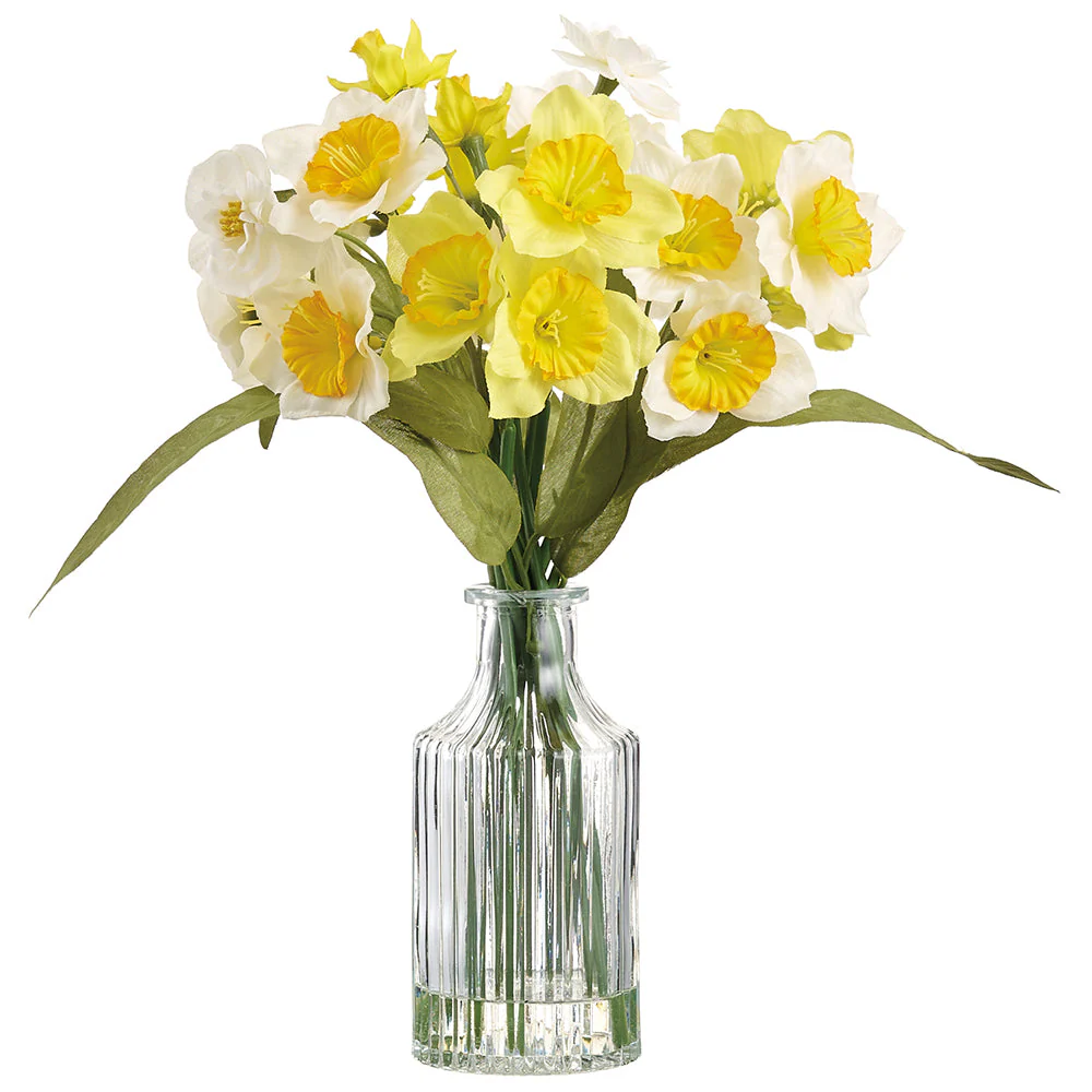 11" Narcissus Daffodil Silk Flower Arrangement w/Glass Vase -Yellow/White (Pack of 12)