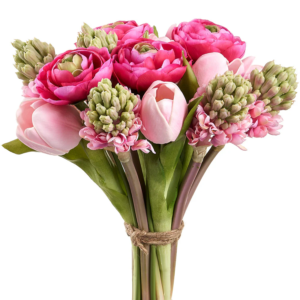 11" Tulip, Ranunculus & Hyacinth Silk Flower Bouquet -Pink/Beauty (Pack of 6)