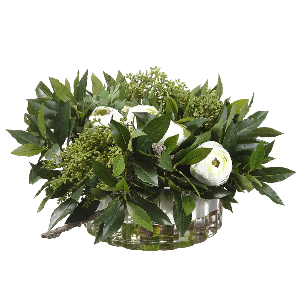 11"Hx20"W Silk Ranunculus Flower & Sweet Bay Leaf Arrangement w/Ribbed Glass Vase -Green/Cream