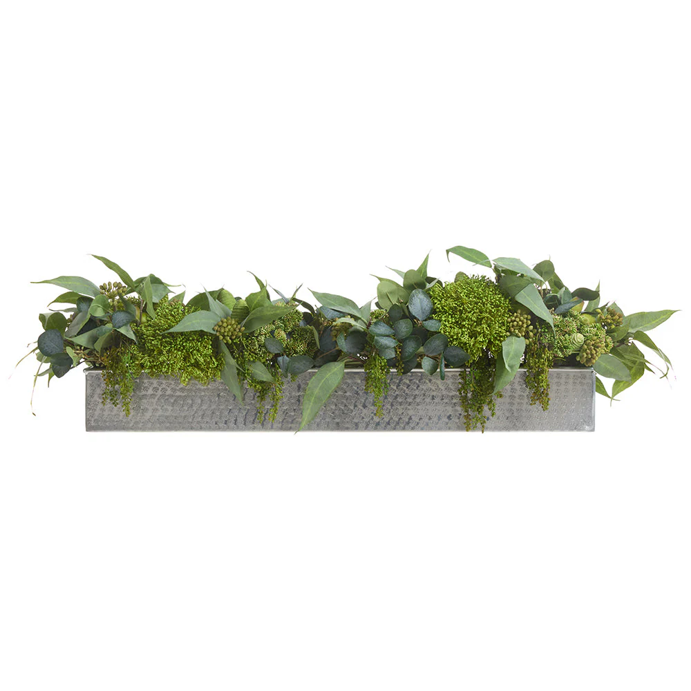 11"Hx45"W Eucalyptus Leaf & Sedum Artificial Flower Arrangement w/Long Metal Planter -2 Tone Green