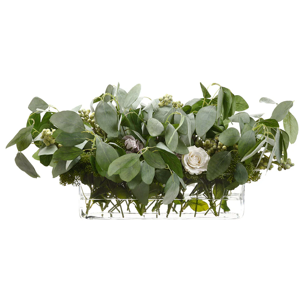 12.5"Hx25.5"W Silk Rose Flower, Eucalyptus, Sedum & Berry Arrangement w/Rectangular Glass Vase -Lilac/Green (Open Box)