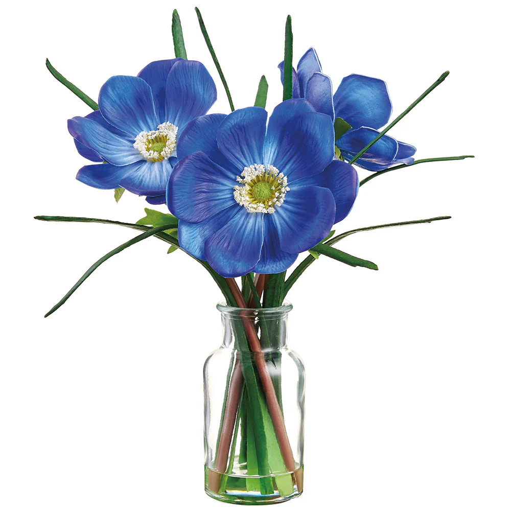 12" Anemone Silk Flower Arrangement w/Glass Vase -Blue (Pack of 6)