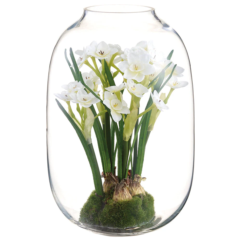 12" Daffodil Silk Flower Arrangement w/Glass Vase -White (Pack of 2)