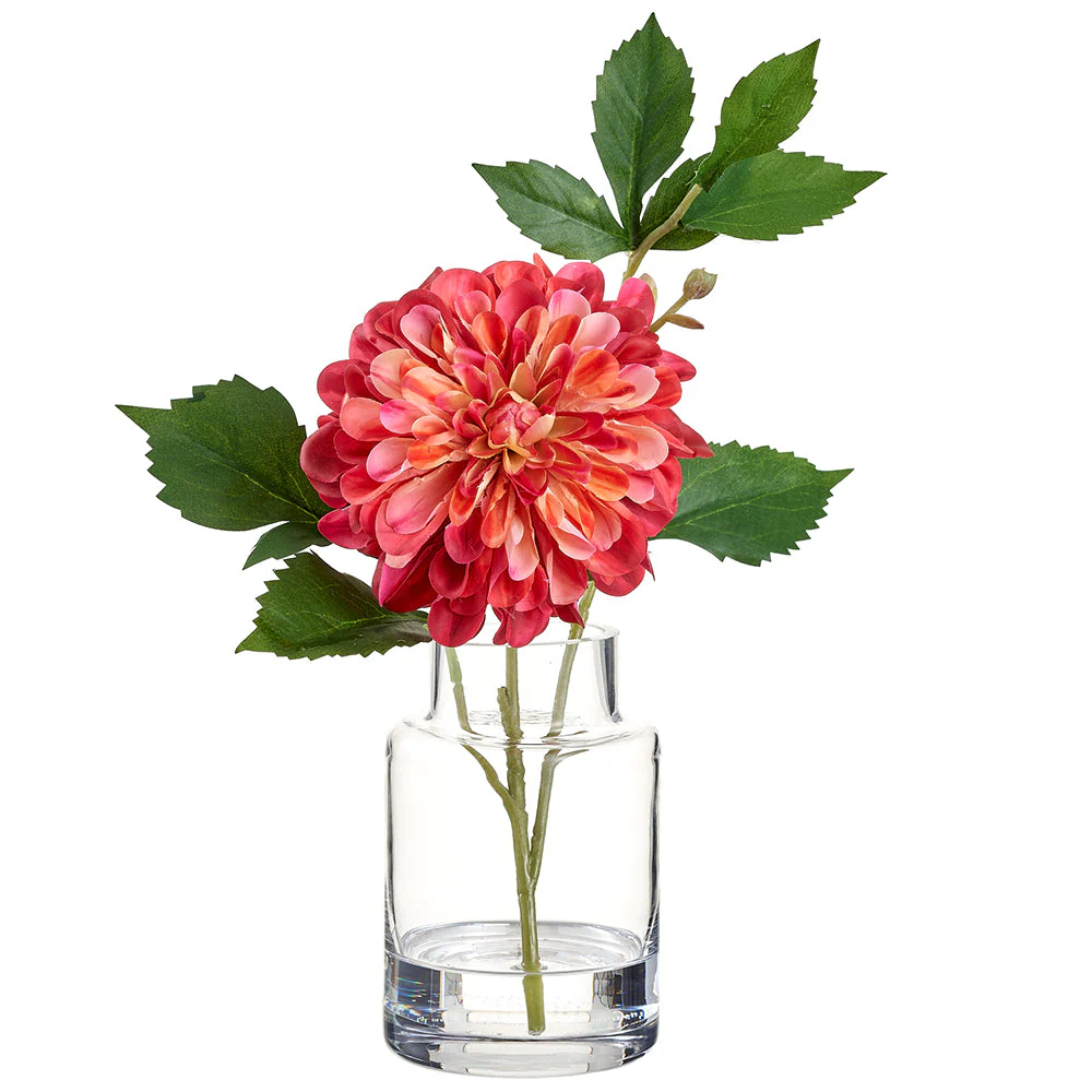 12" Dahlia Silk Flower Arrangement w/Glass Vase -Beauty/Yellow (Pack of 6)