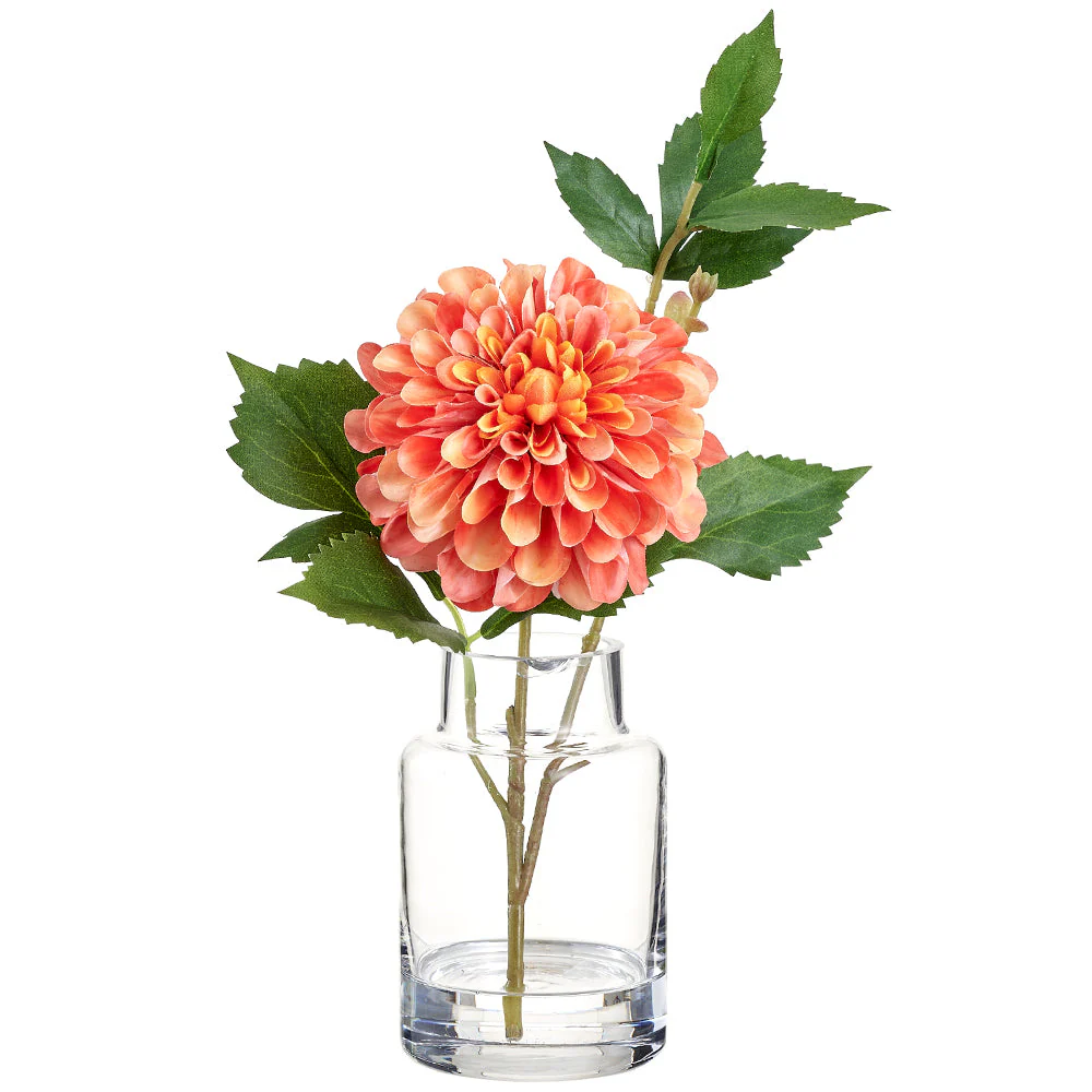 12" Dahlia Silk Flower Arrangement w/Glass Vase -Orange/Coral (Pack of 6)