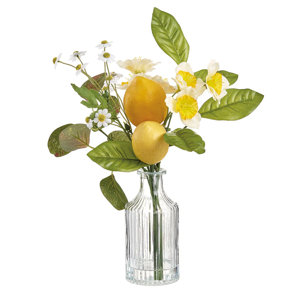 12" Lemon & Daffodil Silk Flower Arrangement w/Glass Vase -Yellow/Green (Pack of 12)