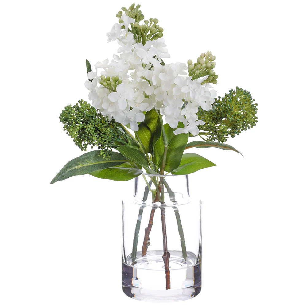 12" Lilac Silk Flower Arrangement w/Glass Vase -White