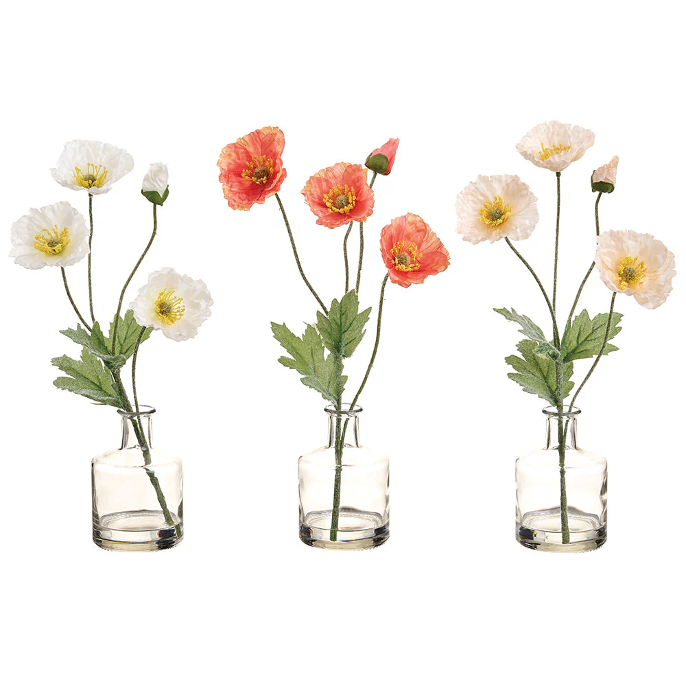 12" Set Of Poppy Silk Flower Arrangements w/Glass Vase -Coral/Blush (Pack of 2)