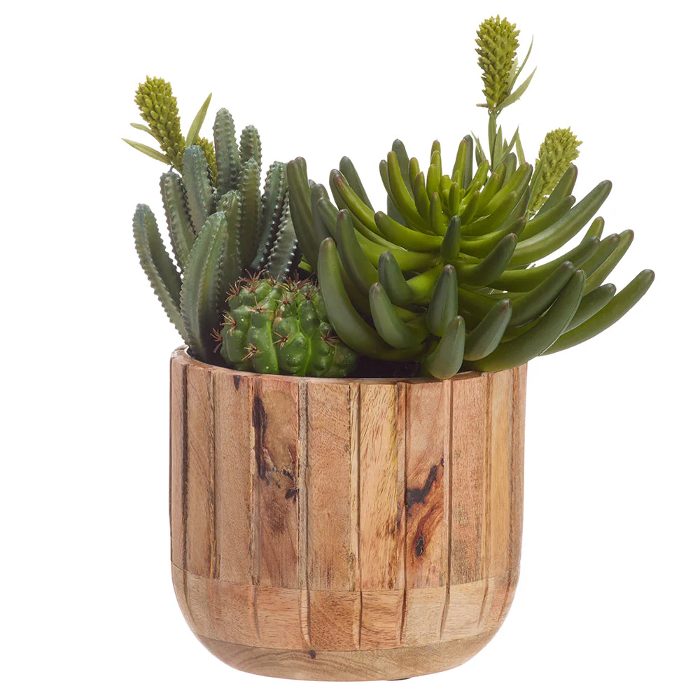 12"Hx10"W Mixed Succulent Garden Artificial Plant w/Wood Planter -2 Tone Green