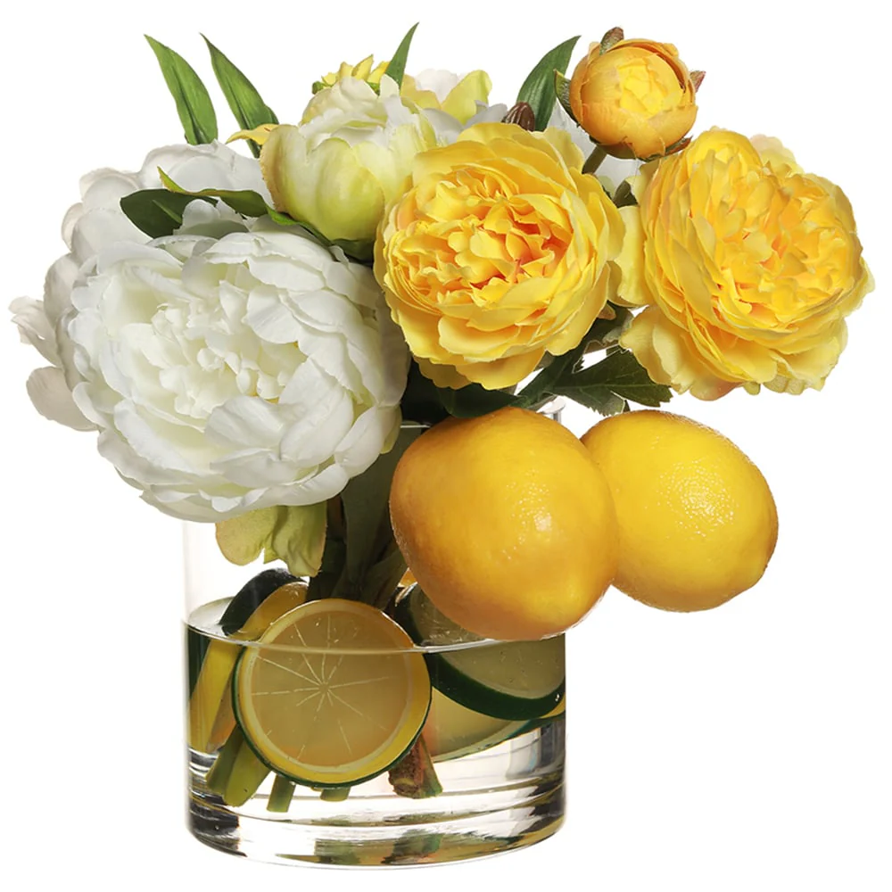 12"Hx17"W Silk Peony, Ranunculus Flower Arrangement w/Lemon & Lime In Glass Vase -Yellow/White
