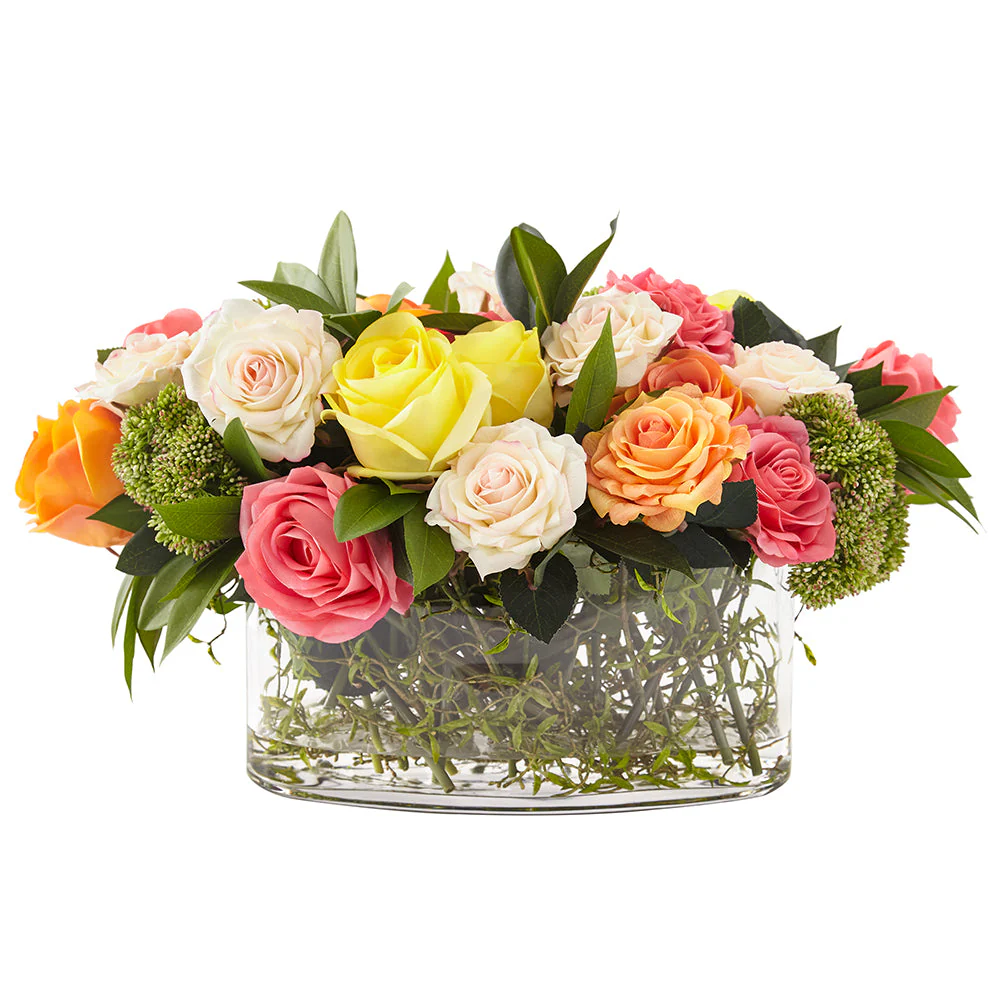 12"Hx22"W Real Touch Mixed Rose, Skimmia & Shikiba Leaf Silk Flower Arrangement w/Glass Vase -Mixed Colors