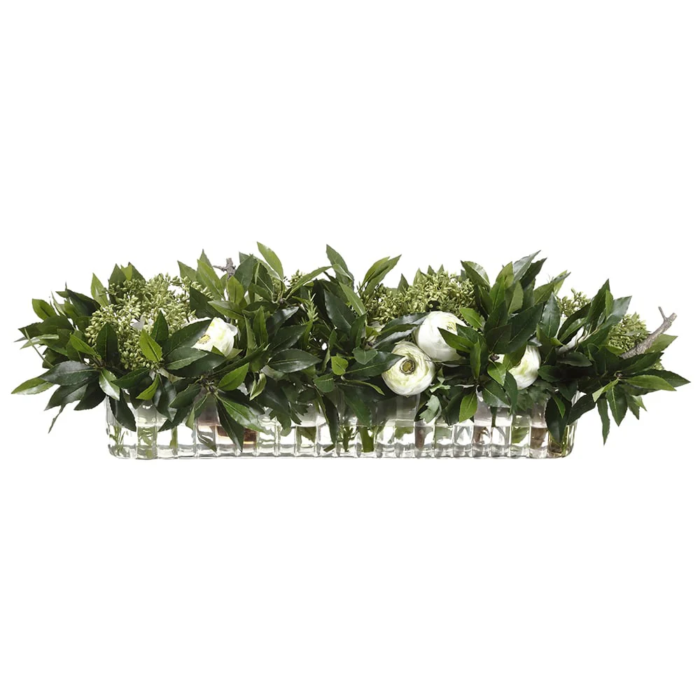 12"Hx35"W Silk Ranunculus Flower & Sweet Bay Leaf Arrangement w/Ribbed Glass Vase -Green/Cream