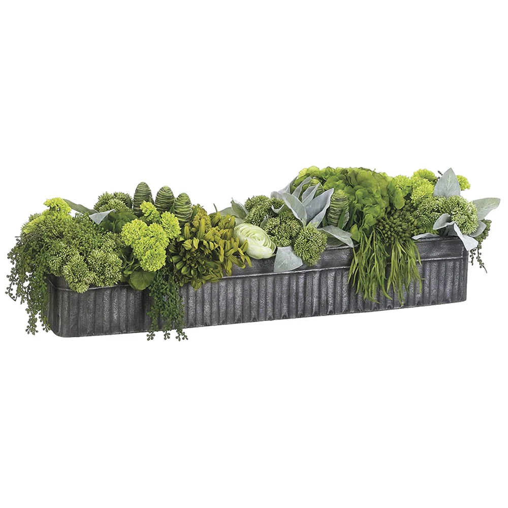 12"Hx36"W Succulent, Hydrangea & Ranunculus Artificial Plant w/Rectangle Container -Green