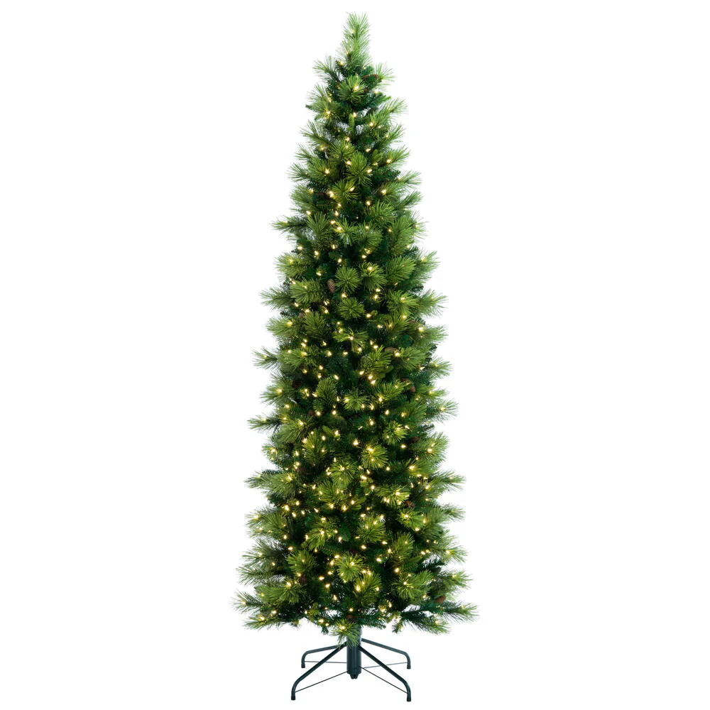 12'Hx45"W PE Slim Emerald Mixed Fir & Pinecone Artificial Christmas Tree, LED Pre-Lit -Green/Brown