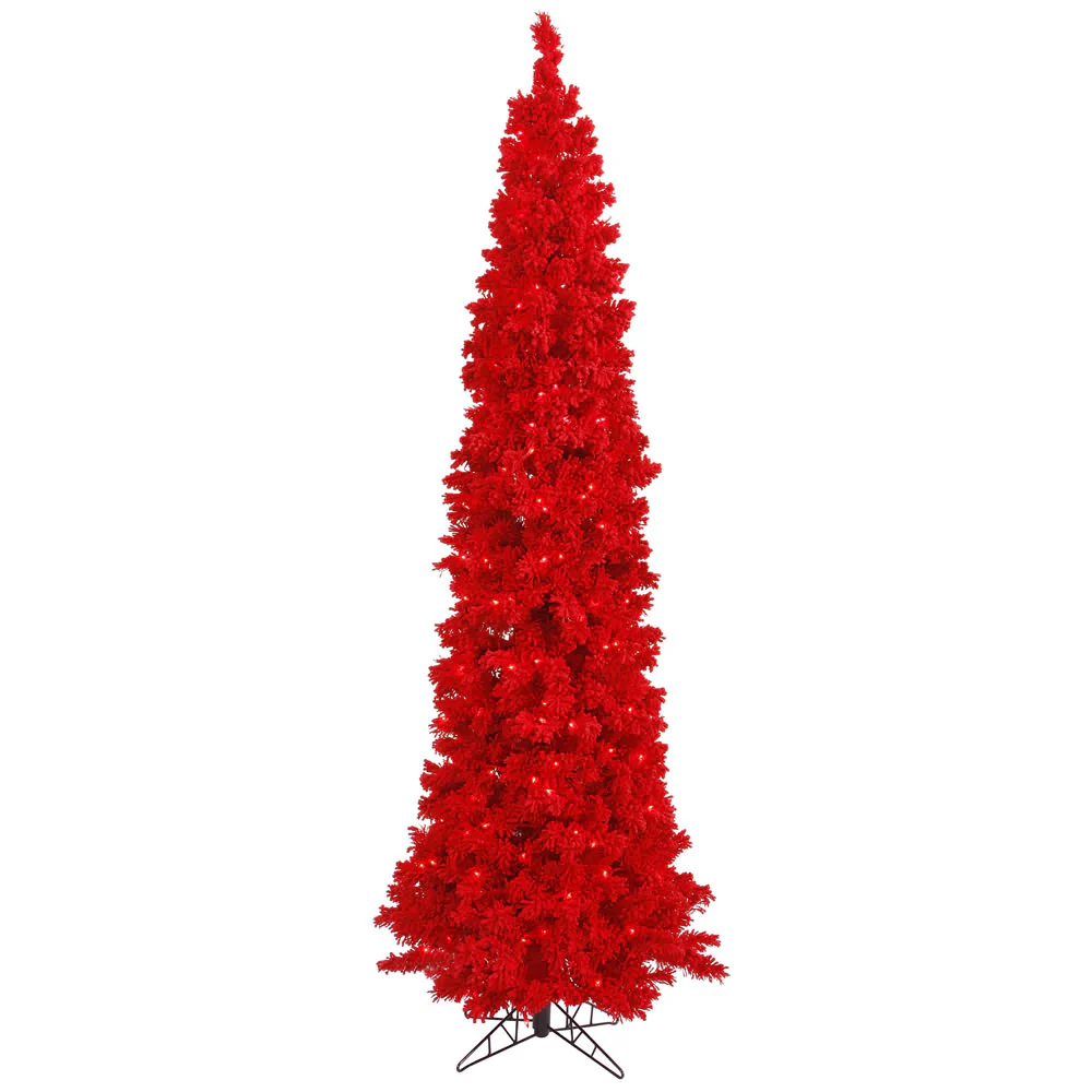 12'Hx57"W Flocked Pencil Fir Artificial Christmas Tree, LED Pre-Lit (Red) -Red