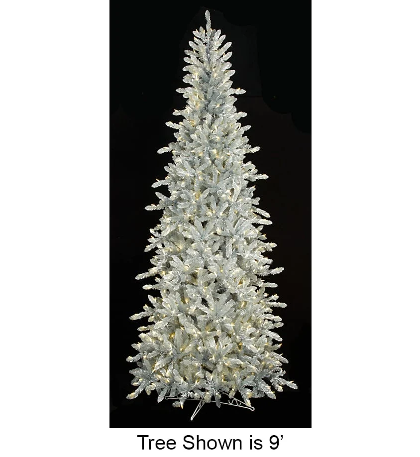12'Hx59"W Matte Silver Artificial Christmas Tree, LED Pre-Lit -Silver/Iridescent