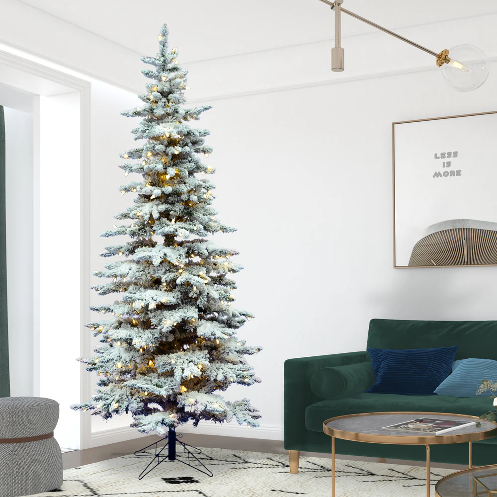 12'Hx65"W Flocked Slim Utica Fir Artificial Christmas Tree, LED Pre-Lit -White/Green - Image 7