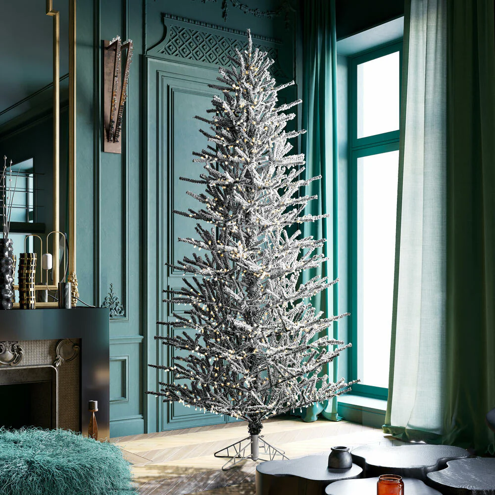 12'Hx72"W Flocked Slim Pistol Pine Artificial Christmas Tree, Micro LED Pre-Lit -White - Image 7