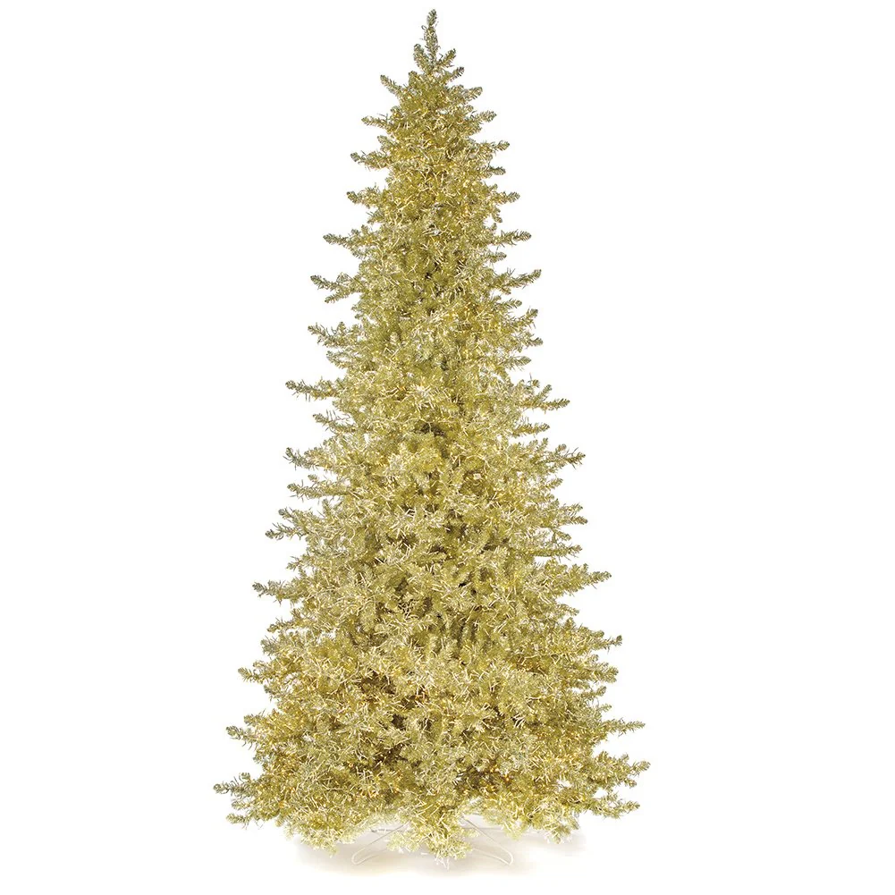 12'Hx75"W Tinsel Sparkling Champagne Artificial Christmas Tree, Micro LED Pre-Lit -Champagne