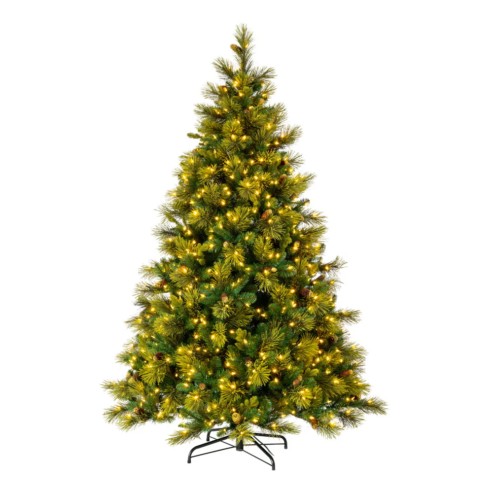 12'Hx96"W PE Emerald Mixed Fir & Pinecone Artificial Christmas Tree, LED Pre-Lit -Green/Brown