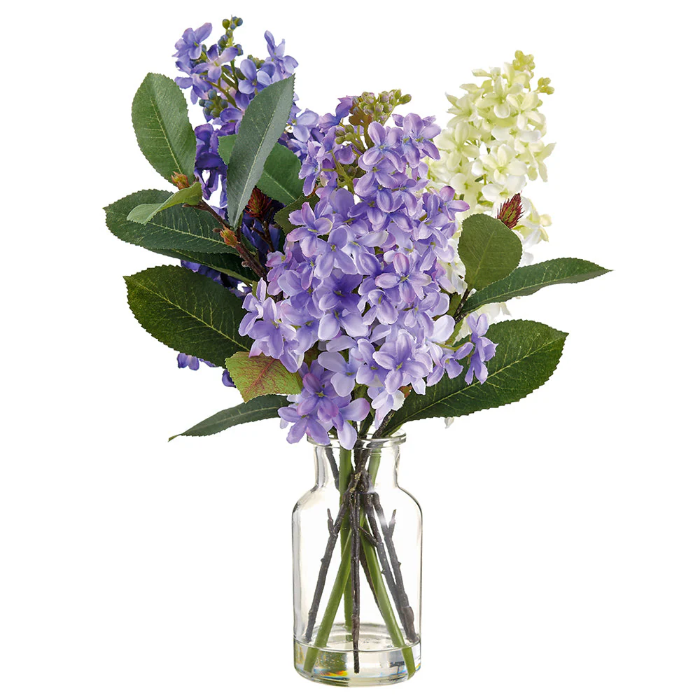 13.5" Lilac Silk Flower Arrangement w/Glass Vase -Mixed Colors (Pack of 4)
