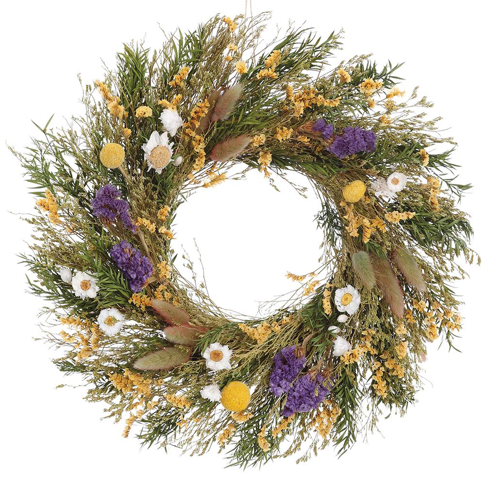 13.5" Preserved Statice, Yarrow & Kitten Tail Flowering Wreath -Yellow/Purple - Image 2