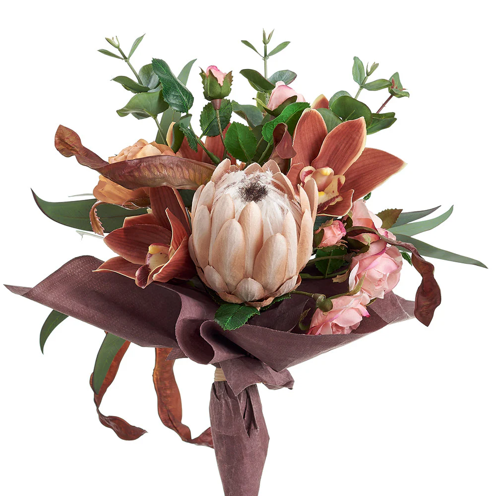 13.5" Protea, Cymbidium Orchid & Rose Flower Artificial Bouquet -Sienna/Pink (Pack of 6)
